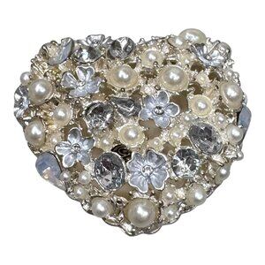 Vintage Crystal Pearl Heart Trinket Ring Box Signed Ciel Rhinestone Statement